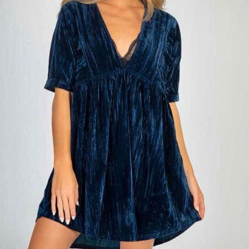 Natural Life Stella Babydoll Crushed Velvet Mini Dress Navy Blue Teal XS/S